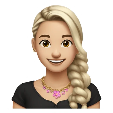 Slavic girl, light skin, brown eyes, long black-to-blonde ombre straight ponytail, smiling with teeth, wearing a black blouse with a pattern of small pink flowers, a gold chain with a round pendant around her neck. sticker