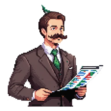 Finance guy with massive handlebar mustache, business attire, stock market chart sticker