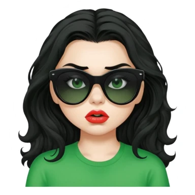 current charli xcx with her long black wavy hair, thick black-out sunglasses that hide her eyes completely, pale skin, pouting closed lips, and a bright green top that said 'brat' in the brat font. sticker