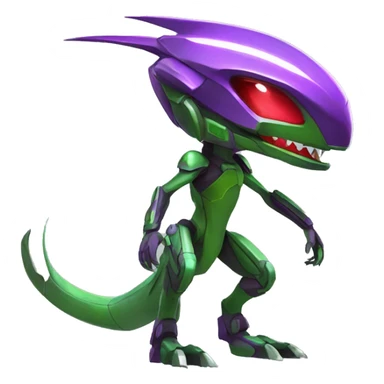 a shiny purple-green-red Genesect-Raptor-Fakémon—hybrid with a futuristic visor-helmet full body sticker