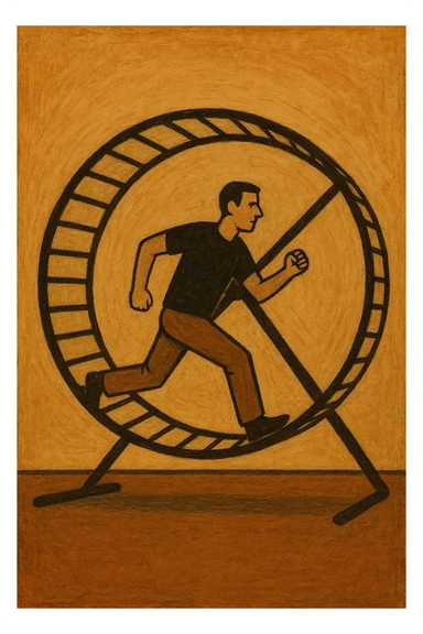 uomo che corre dentro la ruota del criceto come un circolo vizioso sticker