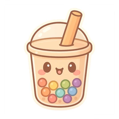 chibi sticker-style bubble tea with rainbow boba, cute and exaggerated sticker