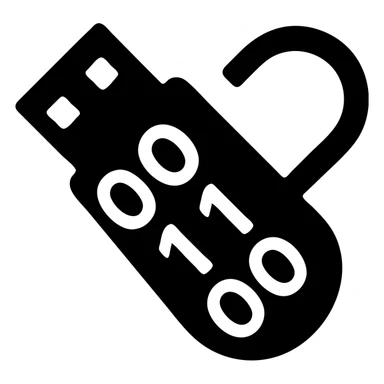solid icon of a USB drive and broken lock fused as one object, tilted down-left, transparent effect, black and gray, with visible 1s and 0s inside sticker