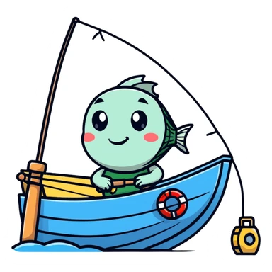 A cartoon fishing boat with a friendly face and tiny fishing rod sticker