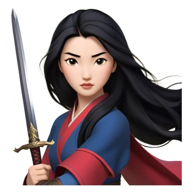 Cinematic Realistic Mulan Portrait, depicted with lifelike skin texture, soft natural lighting, and intricately detailed long black hair styled elegantly. Her deep, expressive eyes exude determination and grace, complemented by a serene yet confident expression. She stands with one hand resting on the hilt of her sword, the other by her side, exuding strength and poise. She is dressed in her classic attire, with rich fabric textures and delicate folds that catch the light beautifully. The portrait features a soft, enchanting glow with a natural, radiant finish, capturing the essence of timeless strength and beauty in a realistic and painterly style, evoking a sense of depth and authenticity. sticker