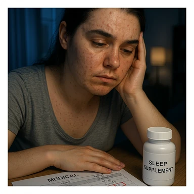 hyperrealistic 4K detailed image of a woman with PCOS and high cortisol, face with acne, chin hair, thin hair, exhausted expression, sleep supplements on the table, medical report with cortisol values highlighted in red, nighttime home environment, blue light sticker