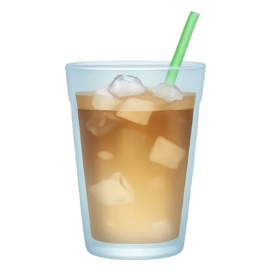 Clear glass cup with light brown drink, ice, and strawemoji sticker