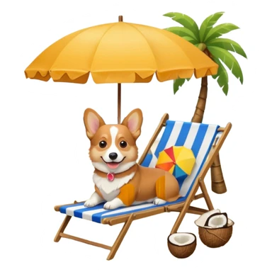 a corgi dog laied on a beach chair, a sunny beach, a sun umbrella, and beach coconut trees. the icon should capture the essence of a relaxing beach vacation with a carefree atmosphere sticker