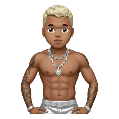 Chris Brown with silver sequin baggy pants, shirtless with necklace sticker