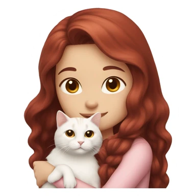girl with long very dark red hair and brown eyes and light pink outfit hugging a white ginger scottish cat  sticker