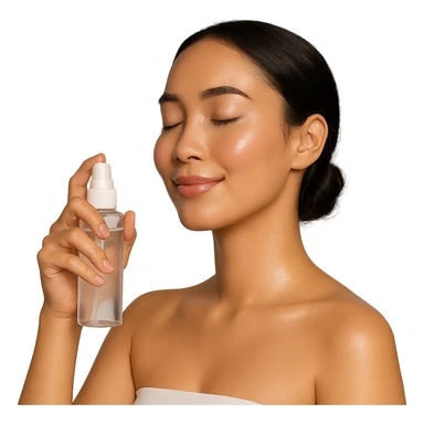 girl holding a face mist bottle, glowing skin, simple background, skincare vibe, beauty sticker
