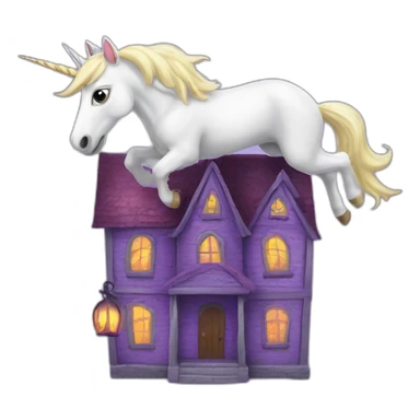 unicorn flying in a haunted house sticker