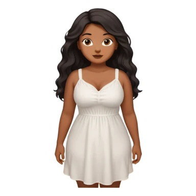 Curvy woman with brown skin with long wavy black hair, brown eyes. She's wearing a white cotton dress standing on a beach sticker