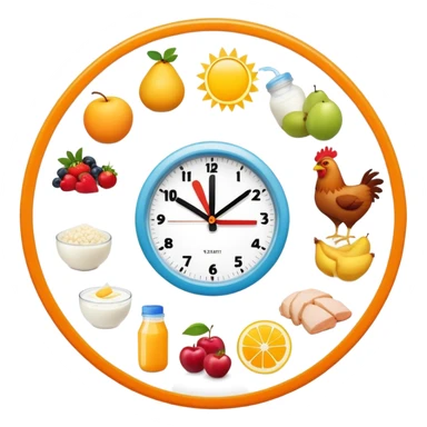 Daily fitness nutrition schedule with water bottle, sun, chicken and rice plate, gym equipment, yogurt, fruit, and sleep symbol arranged in a circle like a clock sticker