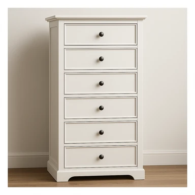 realistic white 6-drawer chest with one small black knob per drawer, stacked vertically, with depth and dimension sticker