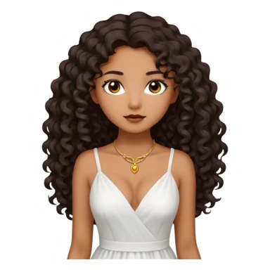 Dark tanned skin girl with very dark brown very long curly hair, very dark Asian eyes, white dress at neckline  sticker