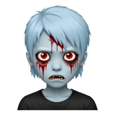  3D emoji-style avatar with very pale blue-grey zombie skin , a young Asian face, and large eyes with blood tears. Give it white litle bit messy mullet hair style , silver hoop earrings, and a plain black T-shirt. The face expression should be slightly angry, with vampire fang sticker