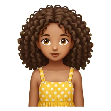 Create an image of a young Black girl with beautiful features. She has curly hair cascading down her shoulders and striking, large hazel eyes. She is wearing a yellow sundress with white polka dots. She is standing in a field full of sunflowers sticker