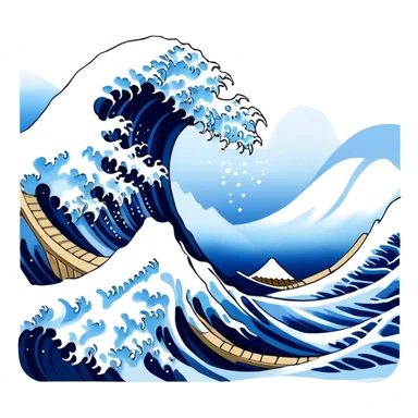 Cinematic Realistic Great Wave off Kanagawa, depicted as a colossal, crashing wave with dynamic blue hues and frothy white crests, rendered with intricate textures and fluid motion that captures both the timeless power and poetic beauty of the iconic Japanese artwork sticker