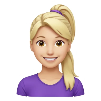 Blond woman with pony tail and purple shirt sticker