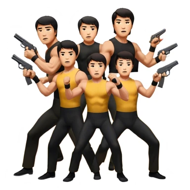 Action movie icons: Arnold Schwarzenegger, Sylvester Stallone, Bruce Lee and Jackie Chan in tense poses, surrounded by explosions, guns and fast-paced stunts. The design should reflect the energy and heroes of classic action movies. Transparent background. sticker