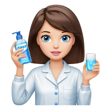 Barbie girl with makeup, blue eyes , and bob long haircut wave, short brown hair in white pajamas, face gel in hand sticker
