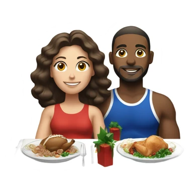 emoji Sporty white couple, man and woman in sportswear, sitting at Christmas holiday dinner table sticker