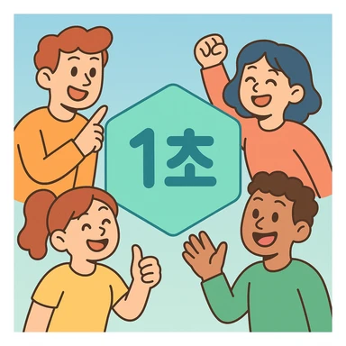 pastel turquoise hexagon, '1초' centered in a friendly rounded font, background is a gentle blue gradient, feels positive and motivating sticker