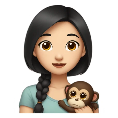Asian girl with brown eyes and short black hair and cute top cuddling a brown lovely monkey sticker
