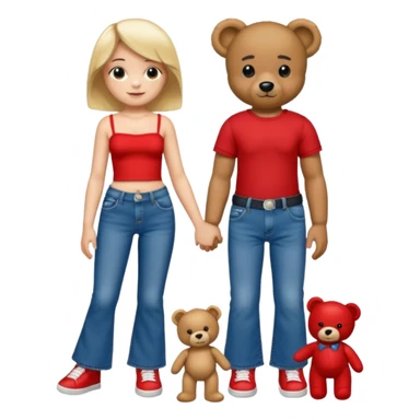 A boy and a girl teddy bear for the boy bear put on true religion shirt and jeans with black shoes and for the girl put flare jeans and a red tube top and white shoes just bears not the humans  sticker