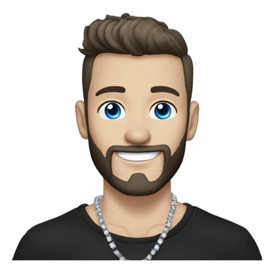Younger white male that has grey blue eyes, dark brown hair with grey on the sides, a beard, and tattoos. He is wearing a diamond coated white gold necklace and a black punk band t-shirt while waving hello sticker