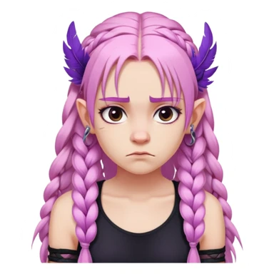 Long-pale-pastel-pink-hair with one braid on each side, grumpy expression, purple-pink feather-ear-cuffs in hair, black bodysuit sticker