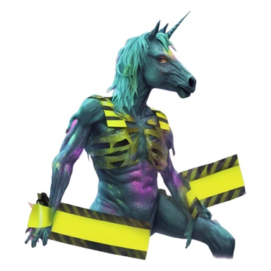 .Zombie_ Vaporwave black holographic oilslick zombie unicorn yellow caution tape sticker