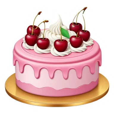 Round pink frosted cake with textured buttercream sides, placed on a gold cake board.
White whipped cream swirls on top, each topped with glossy red cherries with stems, clean studio lighting, isolated background, realistic minimal smooth emoji-style. sticker