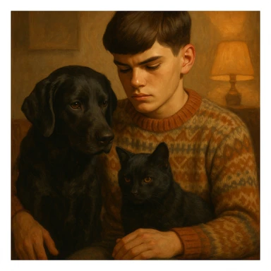 A kid with a chiseled jawline, brown eyes, and flat brown hair facing down, wearing a vintage sweater, sitting with a black dog and a black cat. sticker