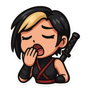 Sexy chibi ninja girl with black short hair and a blonde streak, only head and arms, colorful chibi style with bold outlines, transparent background, no mask, yawning face with droopy eyelids and hand covering mouth, sized for Twitch emoji use. sticker
