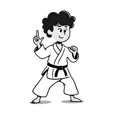 Kyokushin karateka in a white gi and black belt, ready stance, with 'osu' text visible in hand-drawn notion style sticker