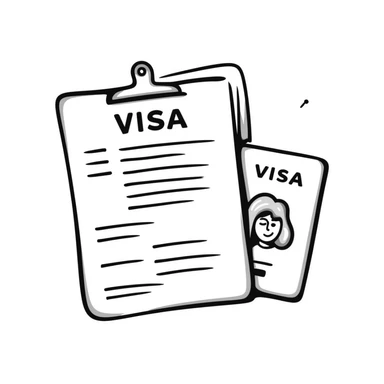 Hand-drawn travel visa application and passport sticker