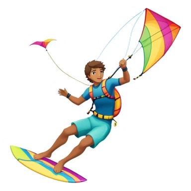 A professional kite surfer performing a high-flying trick on the waves, with a colorful kite soaring above. The background features a stunning landscape of rolling ocean waves, a bright sky, and distant mountains, emphasizing the skill and freedom of the sport. sticker