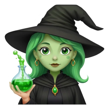 Witch with Green Skin – long-nosed witch in black hat holding potion sticker