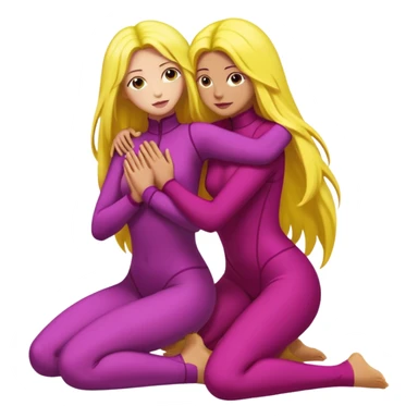 One figure is dark magenta and is kneeling.
	•	The other figure is yellow with long hair and is being held, with their arms around the magenta figure’s neck.
	•	The yellow figure’s legs wrap around the magenta figure’s waist, suggesting a close, intimate embrace. sticker