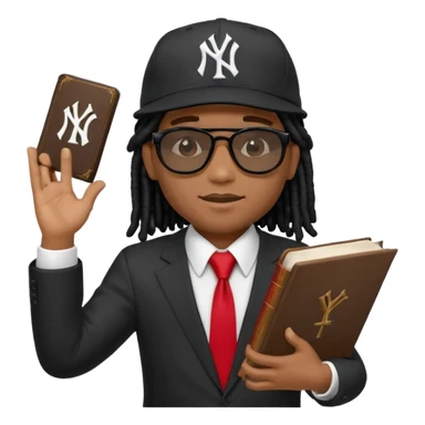 African American man with shoulder length black dreadlocks wearing black sunglasses wearing a New York Yankees logo baseball cap wearing a black suit with white shirt and red tie with a Bible in right hand with left hand raise out standing behind a church pulpit sticker