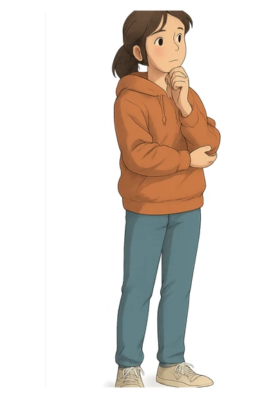 A full body image of a modern calm female teenager in a hoodie and jeans thinking sticker