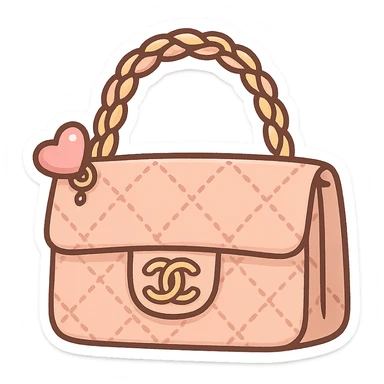 a cute and exaggerated chibi stickers style Chanel purse with a quilted pattern and heart charm sticker
