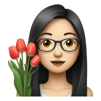 asian pale skin girl with long black shaking hair and bangs and glasses holding tulips sticker
