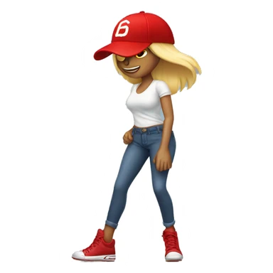 Female leg in pants and high heels stomping on a red baseball cap sticker