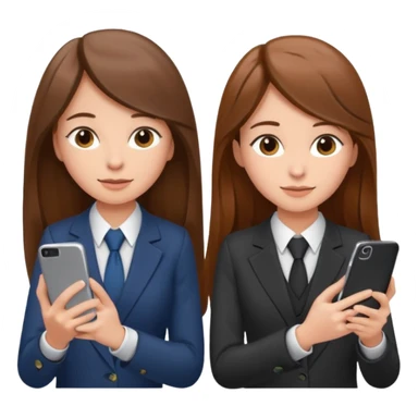two brown haired girls, looking professional maybe leaned on each others back and looking forward and using phones, with long hair and one girl can hold lap top another one can hold the phone, professional clothes sticker