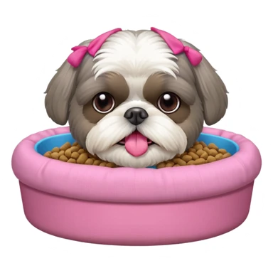 old ALL grey shih tzu in pink dog bed tongue hanging out with a bowl of food sticker