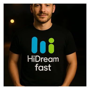 man wearing tshirt with this logo, dark night background with dim , add fast below logo sticker