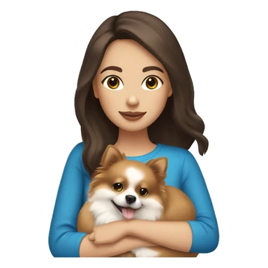 Brunette girl with light skin and Blue eyes holding a  pomeranian  sticker